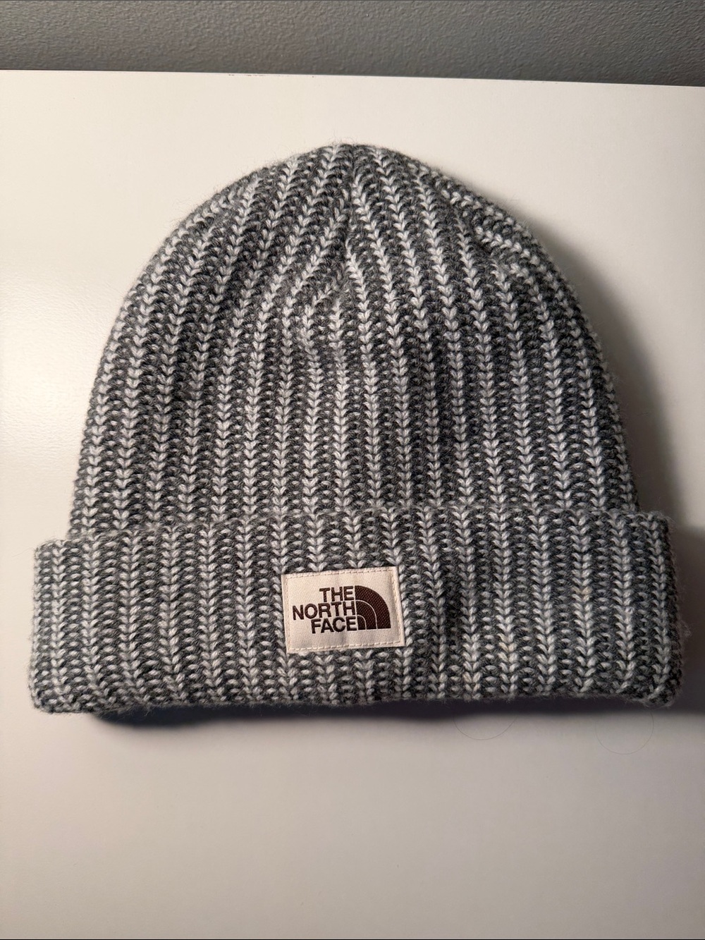 The North Face Gray and White Ribbed Cuffed Beanie